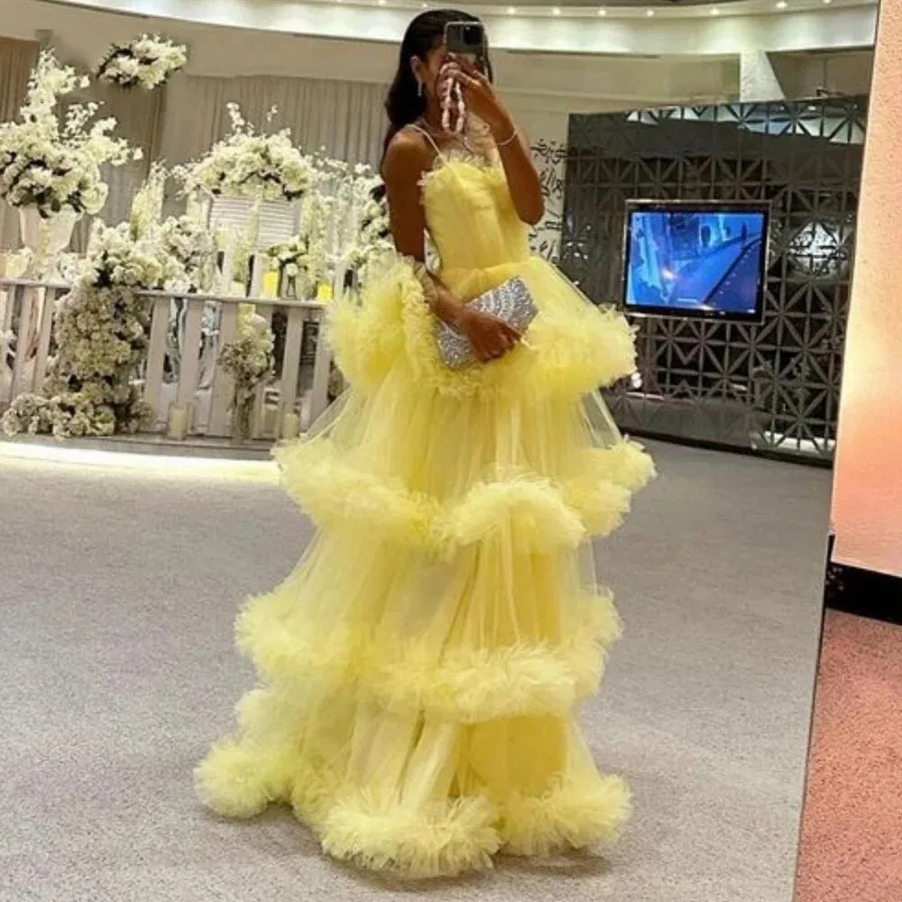 Msikoods Yelllow Evening Dress Sweet Tulle Tiered Puffy Formal Occasion Prom Dresses Birthday Banquet Graduation Party Gown