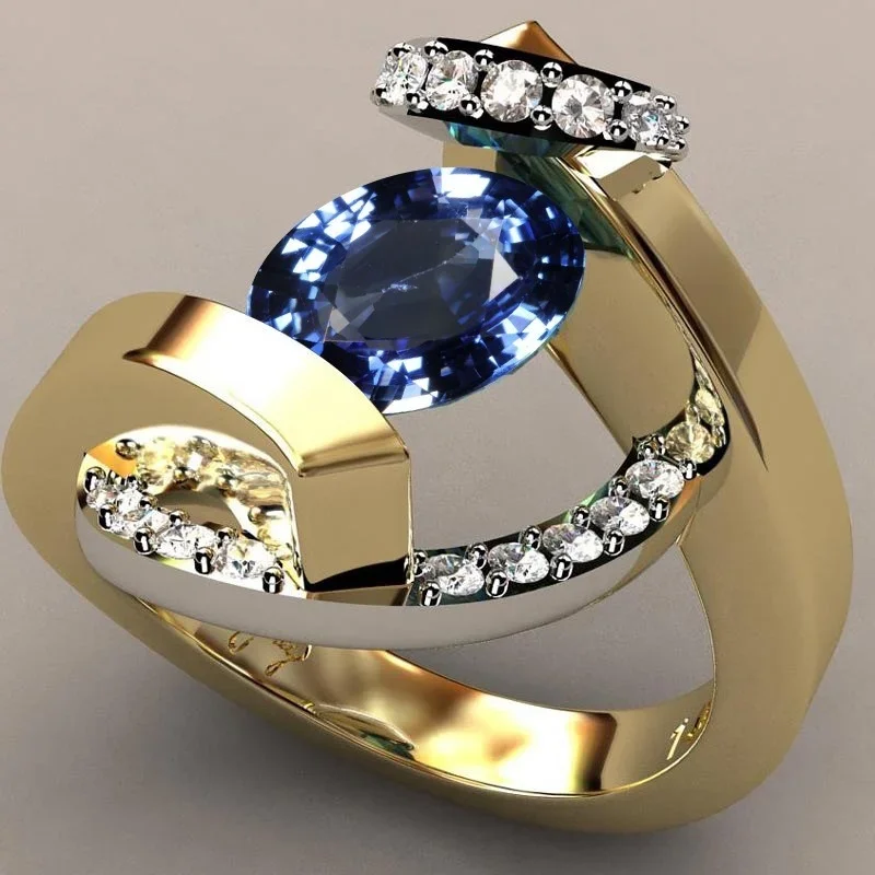 Kreative Mode Blau Stein Hochzeit Ring für Frauen Exquisite Gold Farbe Eingelegten Weißen Zirkon