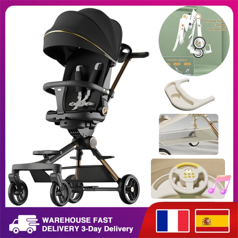 One-click Folding Baby Stroller Can Sit & Lying High Landscape Two-way Baby Strolling Cart with Sounds Lightweight Anti-Rollover