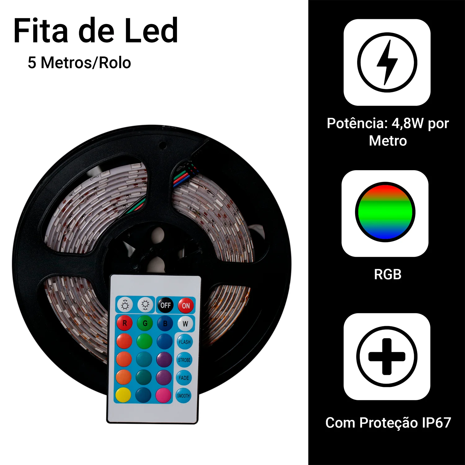 Fita Led Rgb 5050 Rolo 5m 300 Led Ip65 + control