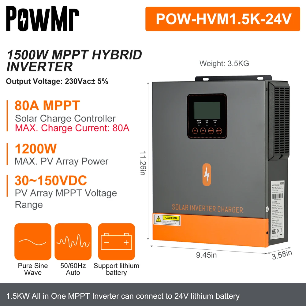 PowMr 1.5KW 1KW Hybrid Solar Inverter 24V 12V 220V Pure Sine Wave With 80A MPPT Solar Charge Controller Max 150VDC Solar Panel