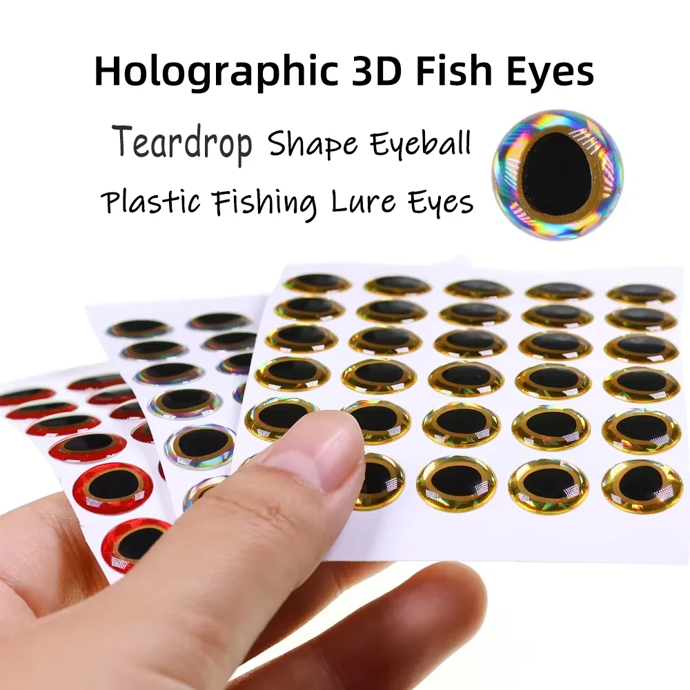 300pcs Mix 3D Holographic Fishing Lure Eye Teardrop Shaped Fly Tying Eyes Epoxy Fish Eye Sticker for Streamer Jig Lure Crankbait