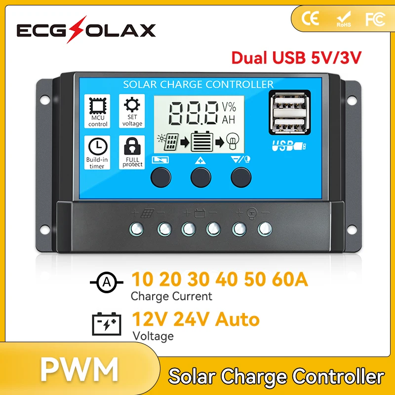 PWM 60A 50A 40A 30A 20A 10A Solar Charge and Discharge Controller 12V 24V Auto LCD Solar Regulator with Dual USB 5V NEW