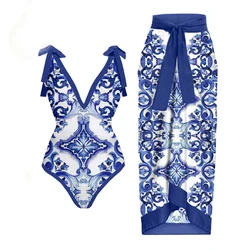 Costume da bagno intero da donna Vintage costume da bagno firmato abito da spiaggia copricostume da bagno di lusso estate blu moda Beachwear 2024