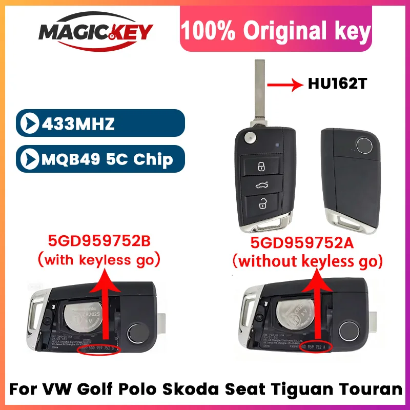 

MAGICKEY 5GD959752A 5GD959752B Original Flip Remote Key MQB49 5C Chip 433MHz for VW Golf Polo Skoda Seat Tiguan Touran