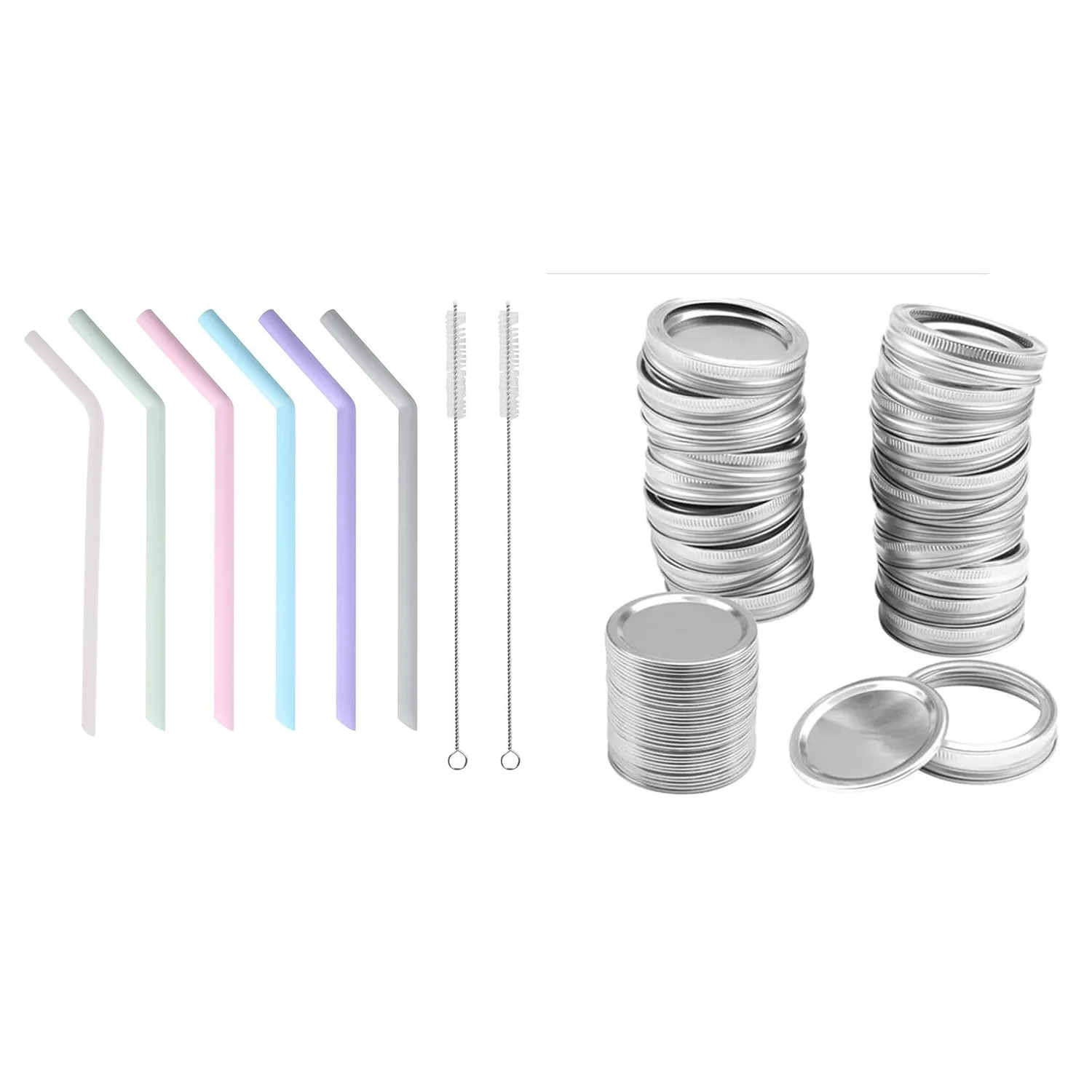 Reusable Straws, Silicone Straws With Straw Cleaner Brush & Wide Mouth Jar Lids, Canning Lids, Tumbler Straws, Bpa Free(18 Pcs)