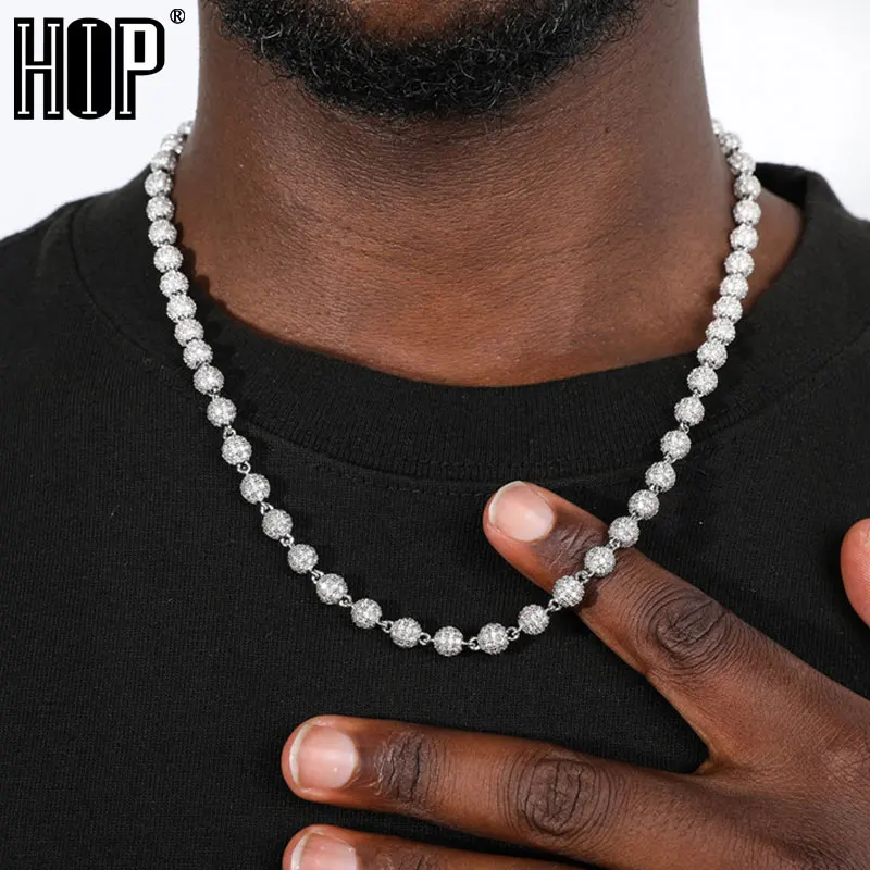 

Hip Hop 6MM Heavy Bead Round Brass Zircon Iced Out Cuban Link Chain AAA CZ Prong Setting Necklaces For Men Women Jewelry