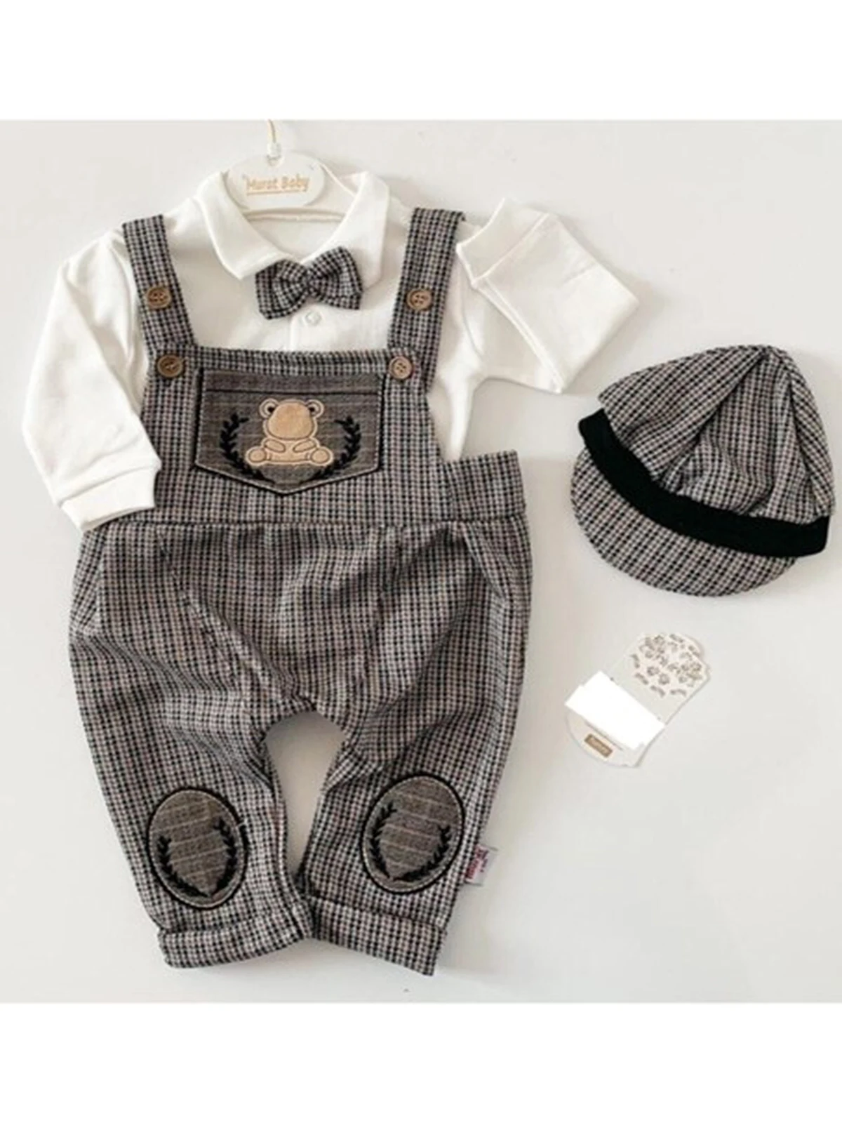 

Slopet Rompers For Babies Gray Cotton Crew Neck Bowtie Hat 2 Pcs Baby Clothing Set Free and Fast Shipping