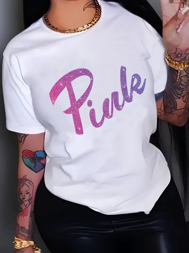 Variety Novelty Funny Pink Purple Letter Print Crew Neck T-Shirt Casual Short Sleeve T-Shirt For Spring  Summer Women's Clothing