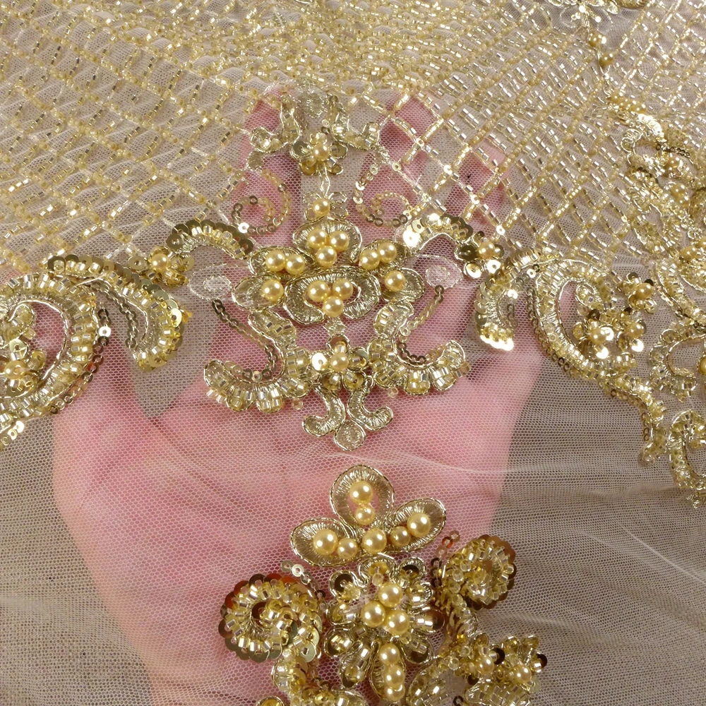 HelluyerDC gold net patter beading lace fabric,125cm width lace for fashion,wedding,evening,dance gown by the yard