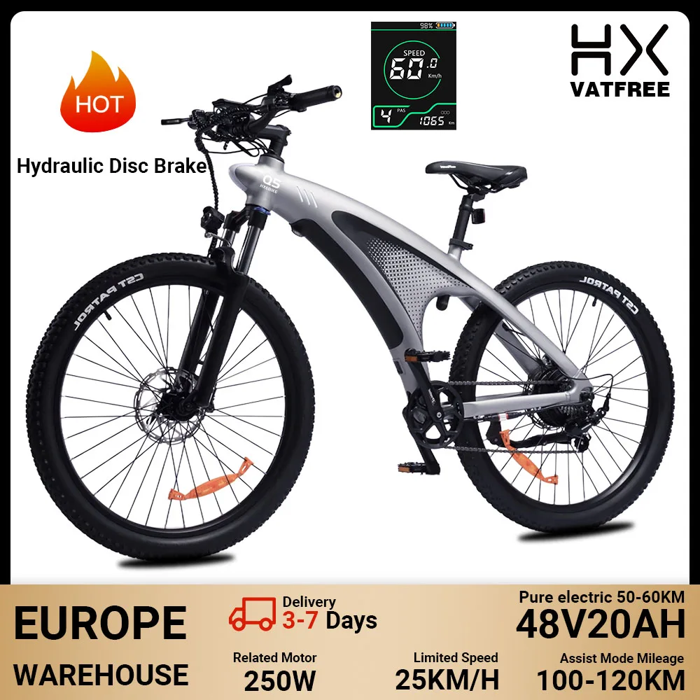 HX Q5 elektrische fiets voor volwassenen, met koppelregelaar, 250W motor, 85Nm, 48V, 20Ah, uitneembare accu, 27,5x2,25 inch, geschikt voor zowel berg- als stadsgebruik.