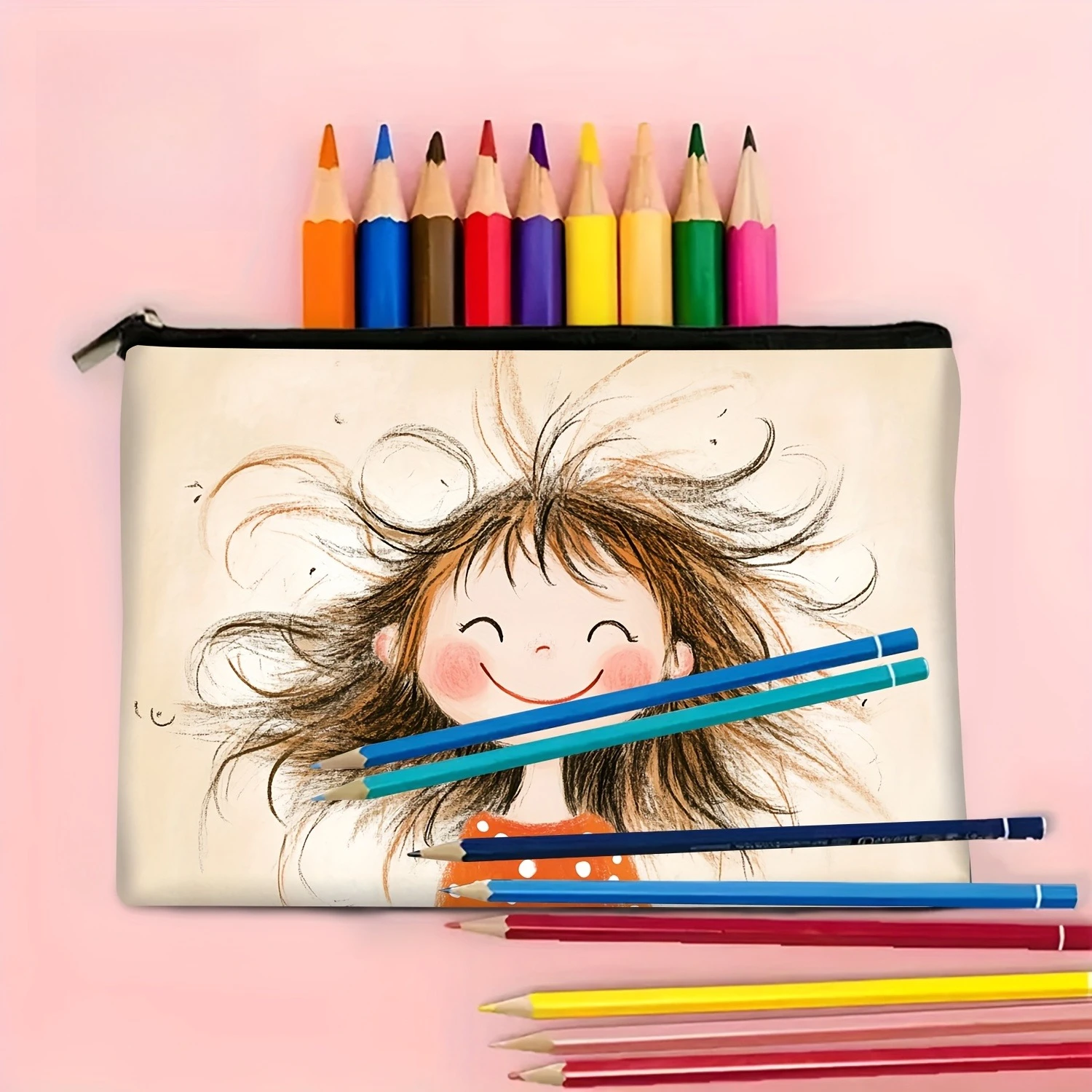 1Pc Cute Curly-Haired Girl Retro Design Multifunctional Travel Makeup Bag, Snack Storage Bag, Stationery Storage Bag, Fashionable Toiletry Bag, Canvas Double-Sided Printed Zipper Pouch
