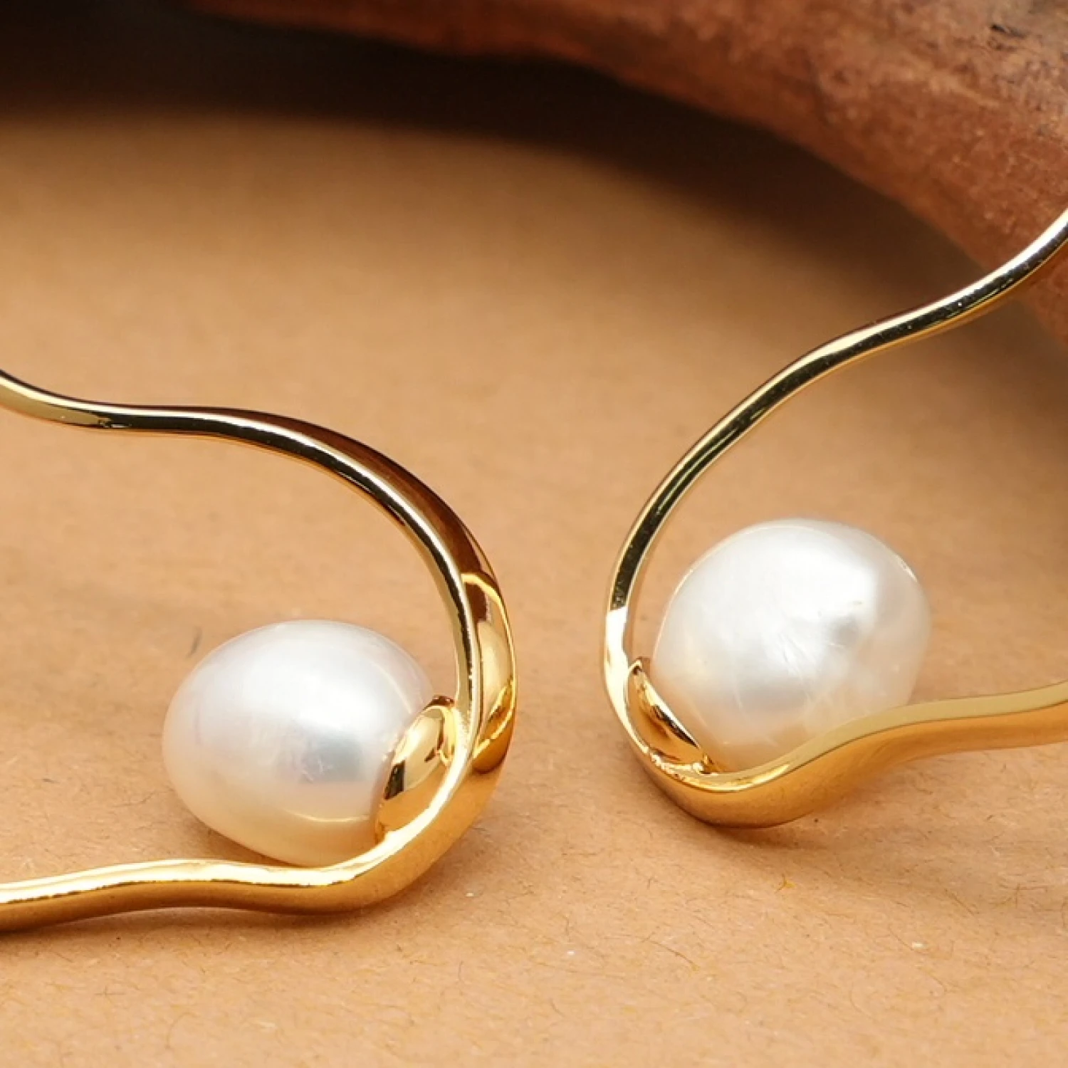 YAJUNIEL Irregular Oval Stud Earrings with Natural Freshwater Pearls 24K Gold Plated Hypoallergenic Earrings for Women