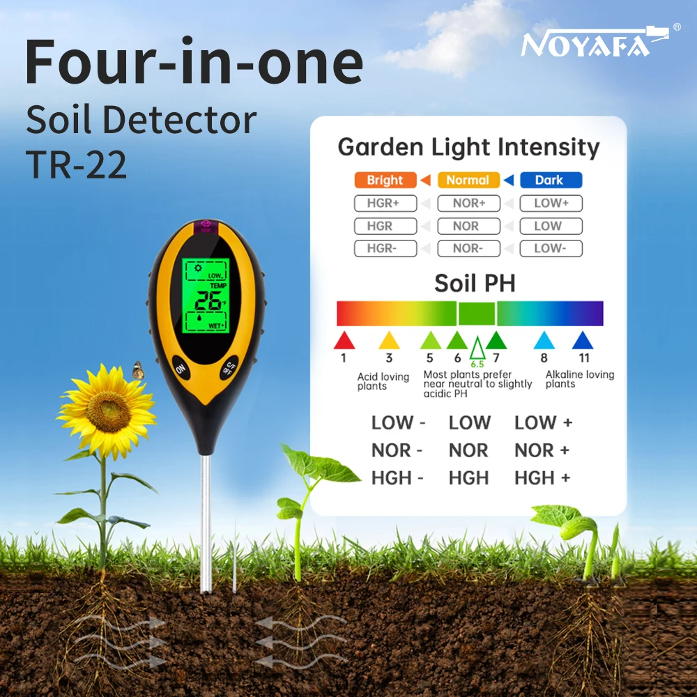 NOYAFA Soil PH Meter Tester 4in1 Plant Earth Moisture Thermometer Temperature Humidity Sunlight Intensity Measurement Analysis