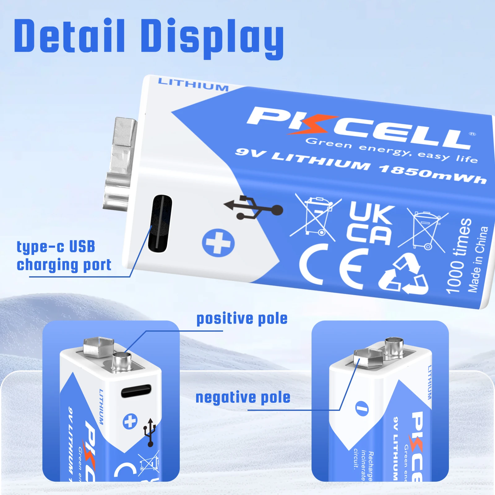 PKCELL 1-12PCS USB 9V 6F22 Rechargeable Battery 1850mWh Type-C Rechargeable 9Volt Li-ion Batteries for RC Multimeter Toy