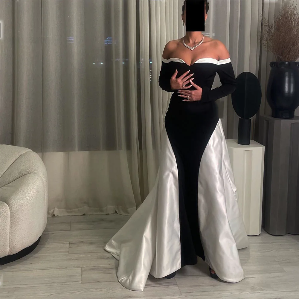 Customized Vintage Black-White Patchwork Sweetheart Prom Gowns Woman Sweep Train S Backless Pleats Lone Sleeve Evening Party Dre