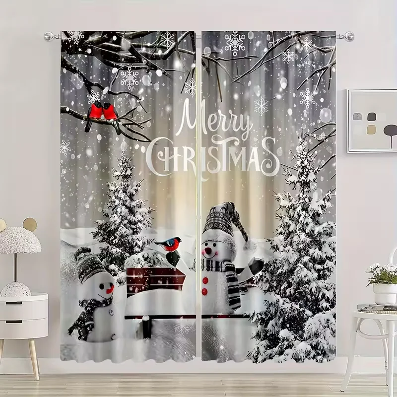 2pcs Snowman & Merry Christmas Curtains Winter Design Polyester Window Decor for Holiday Living Room Bedroom Rod Pocket Curtains