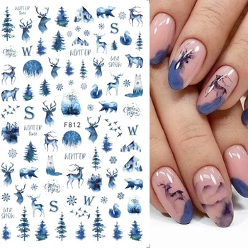 Blauwe Kerst Nail Art Stickers 3D Spar Elanden Berg Sneeuwvlok Hulst Dier Winter Xmas Ontwerp Manicure Slider Decoratie BEF812