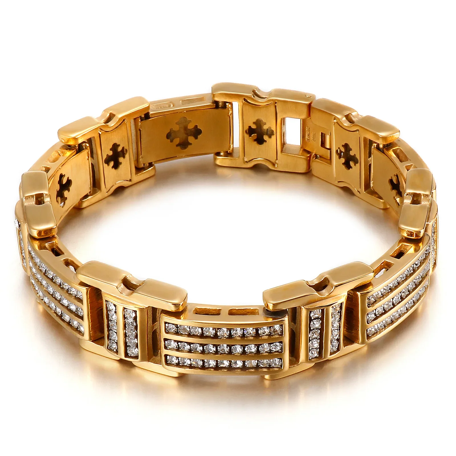 Hip Hop Gold Farbe Hohe Qualität Edelstahl Zirkon Armband Sterne Kreuz Armreifen Trend Schmuck Rock