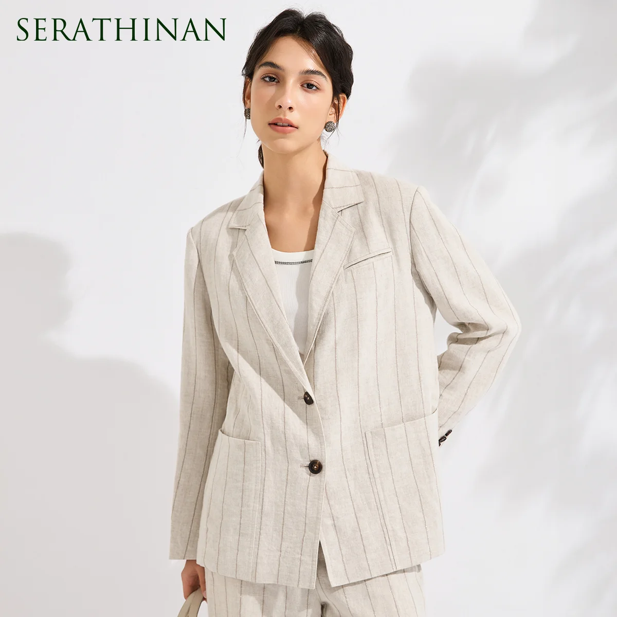 KX9613610 Luxury Ramie Striped Blazer Women Metallic Fiber Elegant Business Suit Jacket Loose Fit Designer Outwear