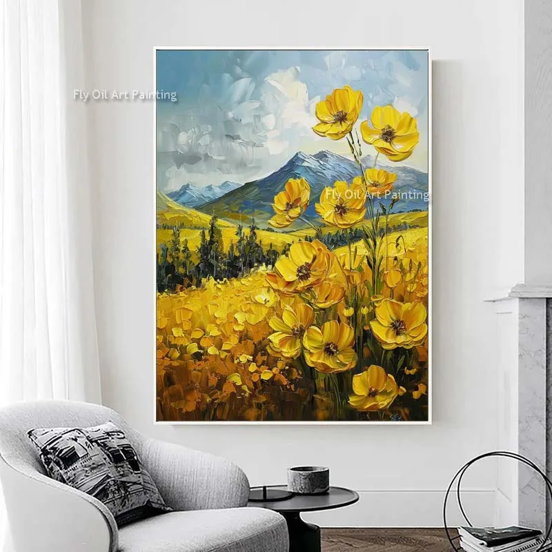 

Yellow Flowers Canvas Painting Hand Painted Modern Abstract Wall Art Floral Oil Painting Modern Frameless For Home Decor As Gift