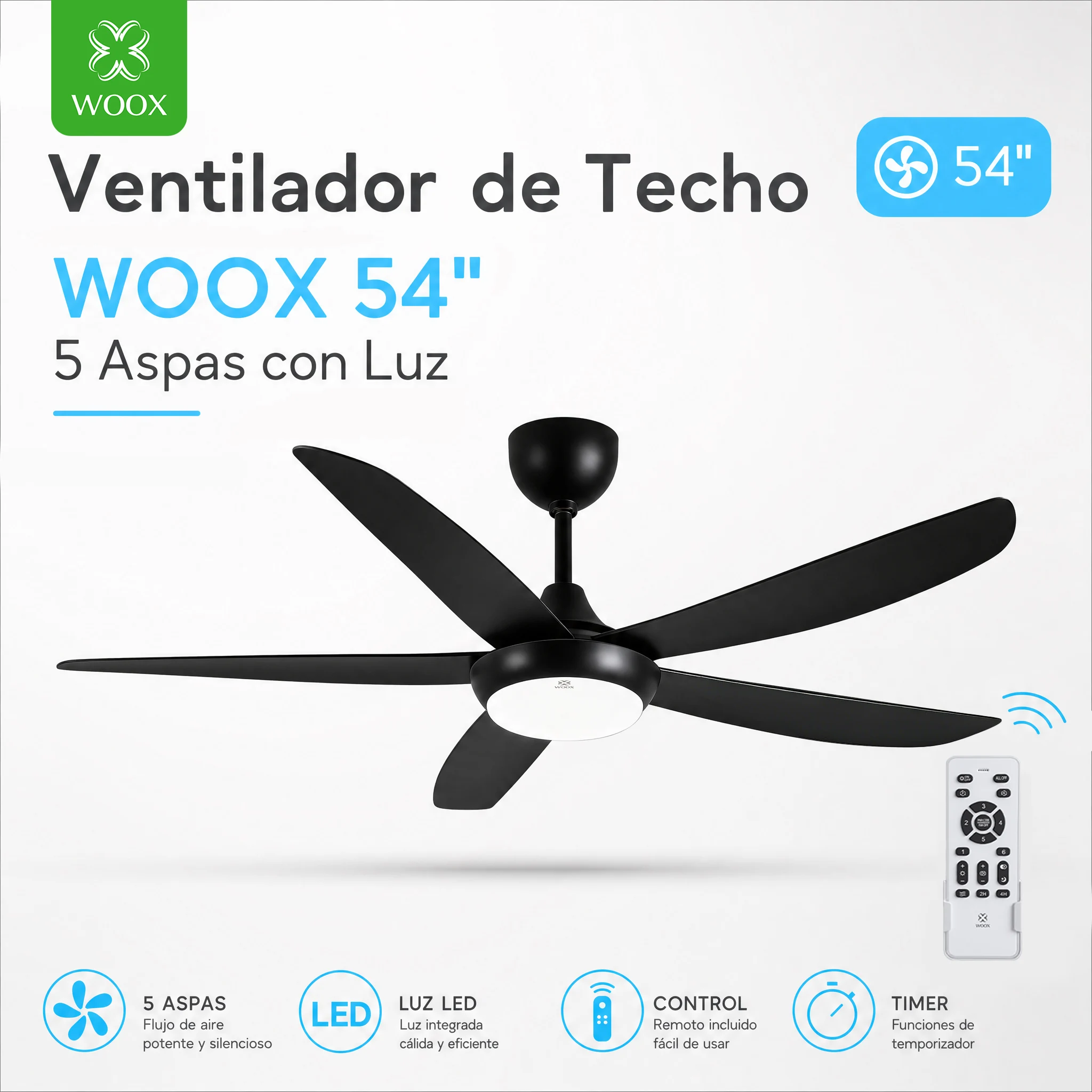 Woox Mx0295 Mx0296 plafondventilator met ledverlichting, 54 inch. |     57W DC stille ventilatorlamp |     6 snelheden + achteruitversnelling |     Afstandsbediening 433Mhz |     3 kleurtemperaturen: