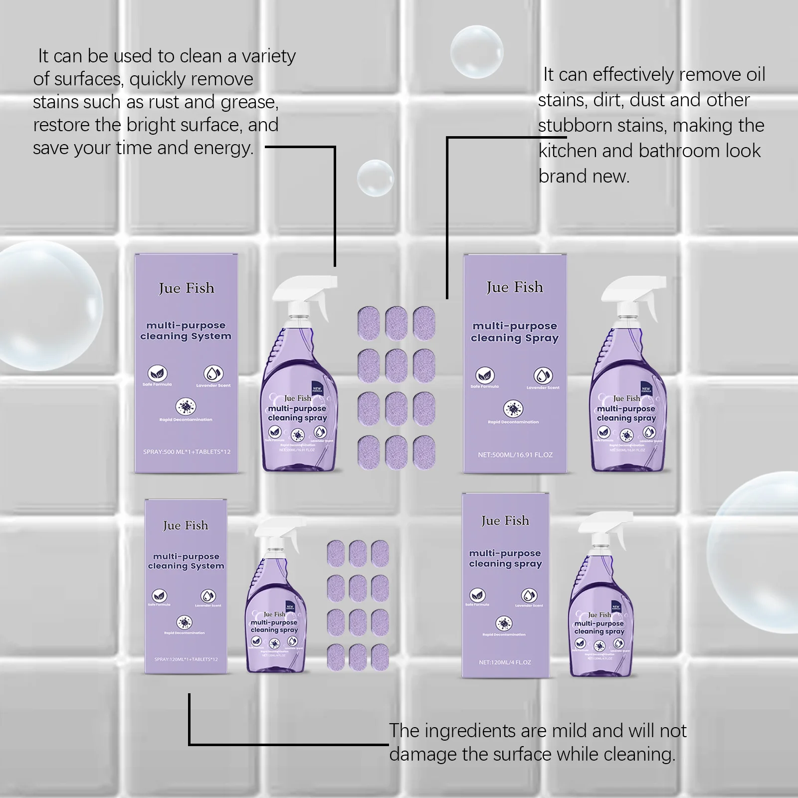 منظف Jue-Fish 120/500 مل متعدد الأغراض للمطبخ والحمام وإزالة البقع الفورية بالزيت الثقيل النظيف رغوة عطر اللافندر النظيفة #2