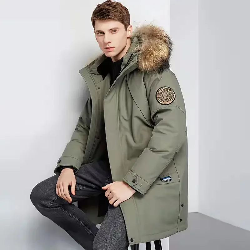 2023 zimowa modna modna ocieplana męska codzienna kurtka puchowa z futro z kapturem kołnierzem markowa wysokiej klasy męska kurtka puchowa ArmyGreen — zdjęcie 2