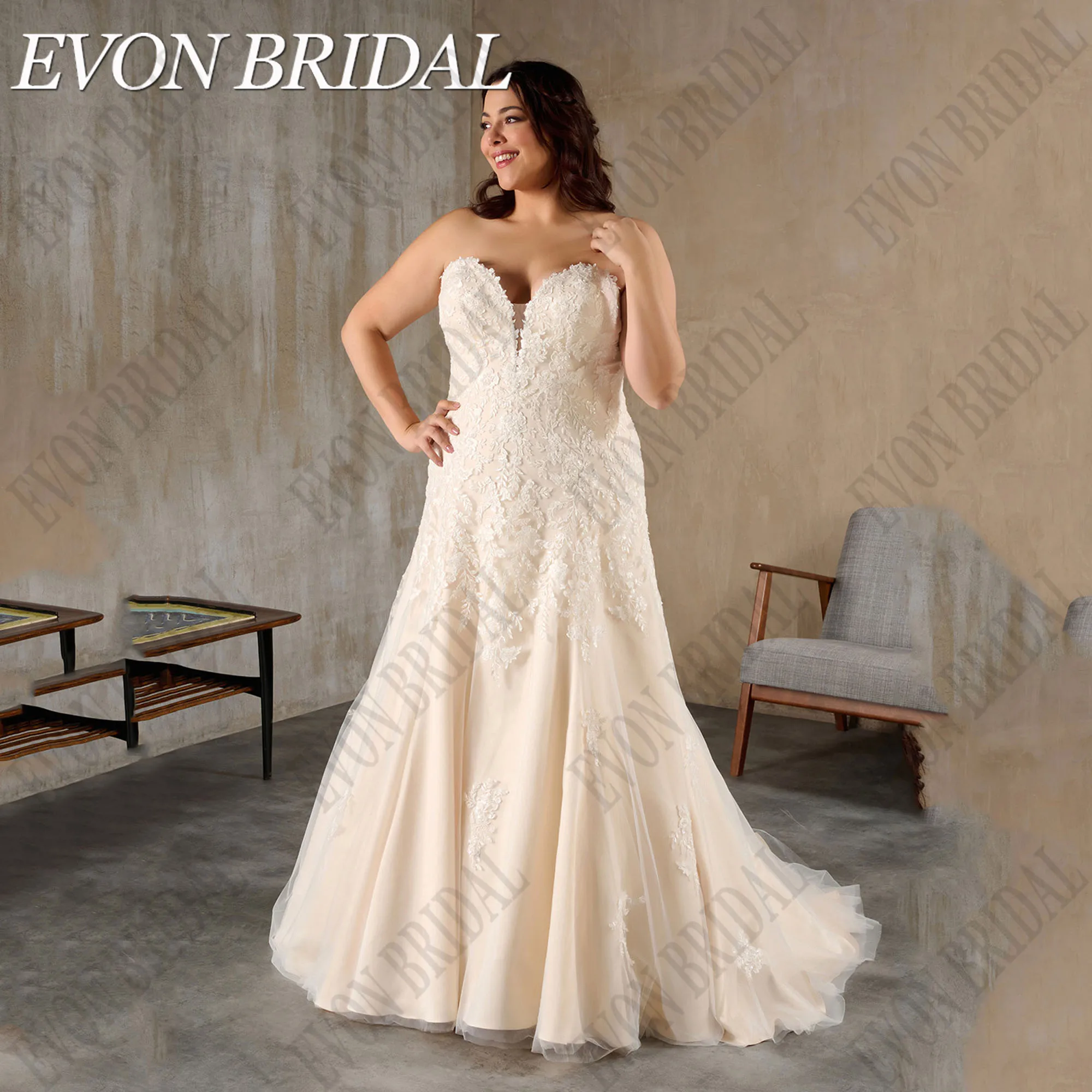 

EVON BRIDAL Customized Wedding Dress Plus Size Mermaid Strapless Tulle Sleeveles Corset Bridal Gown Lace Applique Robe De Mariee