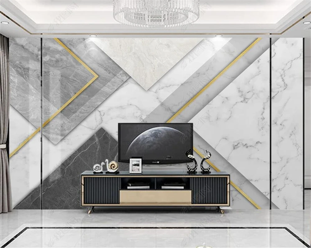 

beibehang wallpaper Customized modern latest minimalist geometric gold line splicing marble TV background wall paper