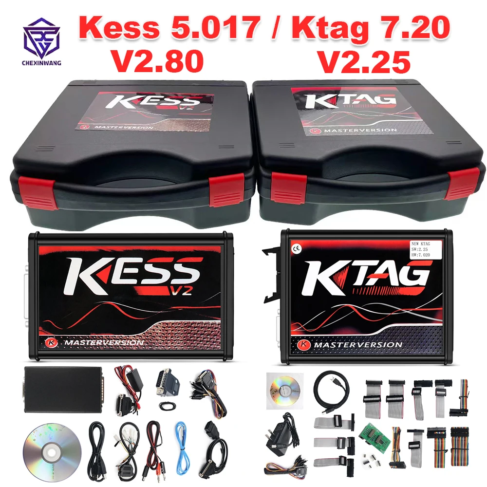 Kit de Reparación Ilimitada Kess V2 V5.017 Online 2.80 EU Rojo KTAG 7.020 2.25 OBD2 OBD 2 para Coches y Camiones, Kit de Reprogramación de Chip ECU con Caja de Herramientas