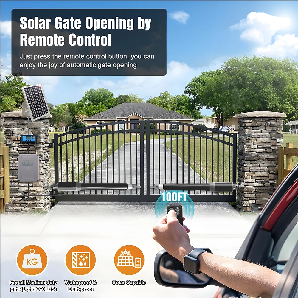 

Устройство открывания ворот на солнечной панели для двойных распашных ворот до 440 фунтов, автоматический полный комплект с дистанционным управлением