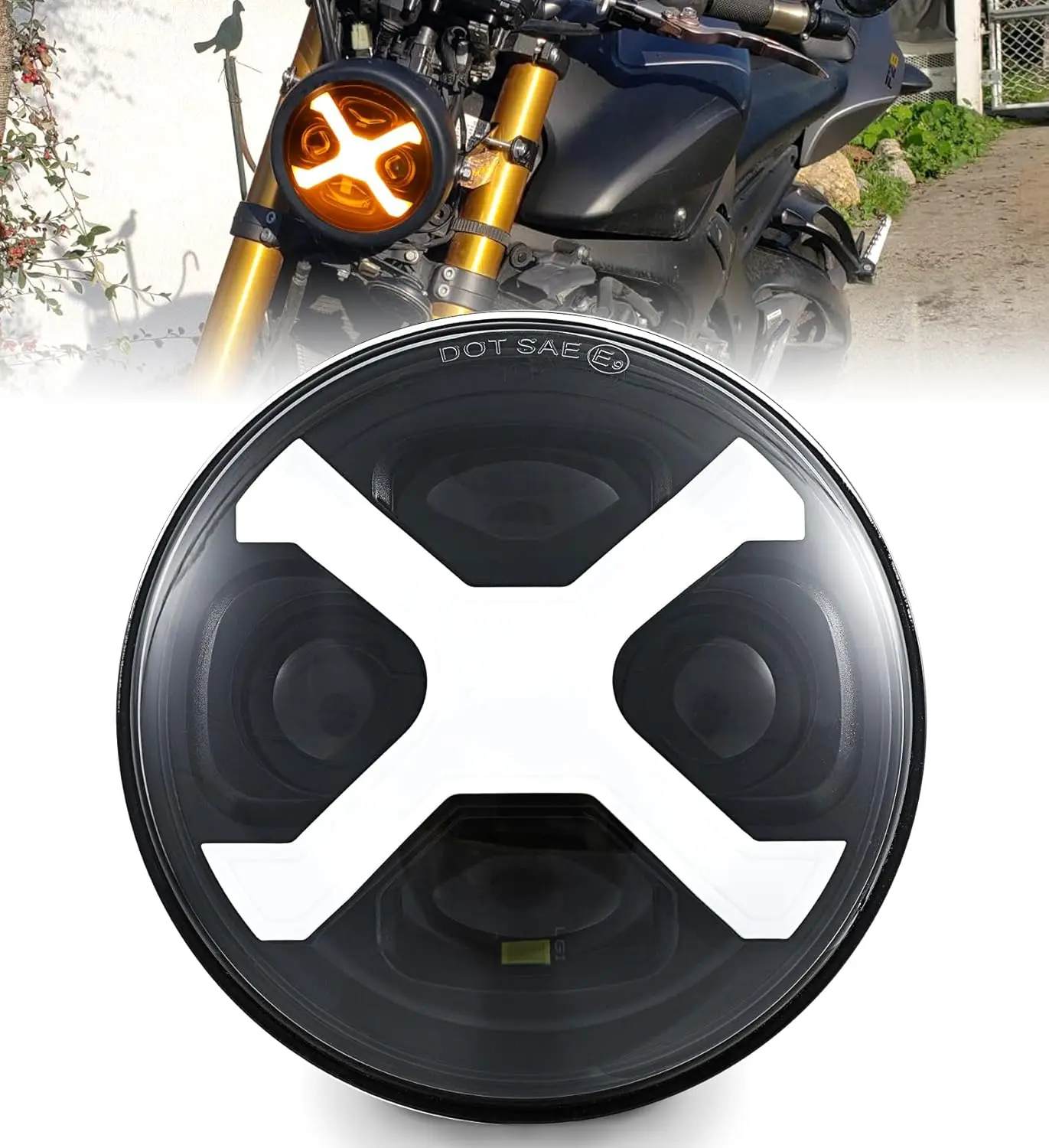 Internet celebrity popular 5.75-inch LED X-shaped motorcycle headlight yellow DRL, high/low beam high brightness waterproof