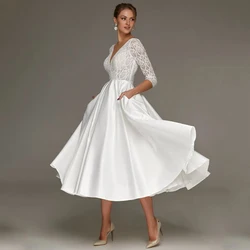 Short Wedding Dress Lace V Neck 3/4 Sleeves Midi Wedding Gown 2023 White Satin Tea Length A Line Simple Bridal Dresses for Women