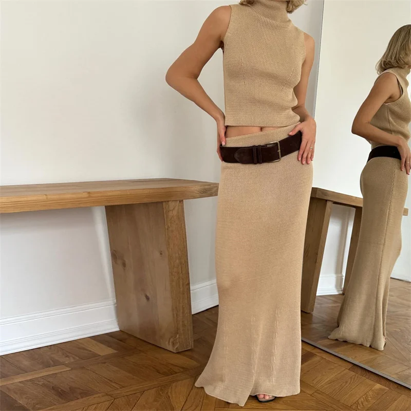 2PCS Women's Long Knit Dress Sexy Sleeveless Top High Waist Skirt Bikini Cover up Wrap Bottom Crochet Swimsuit Beach Swimwear