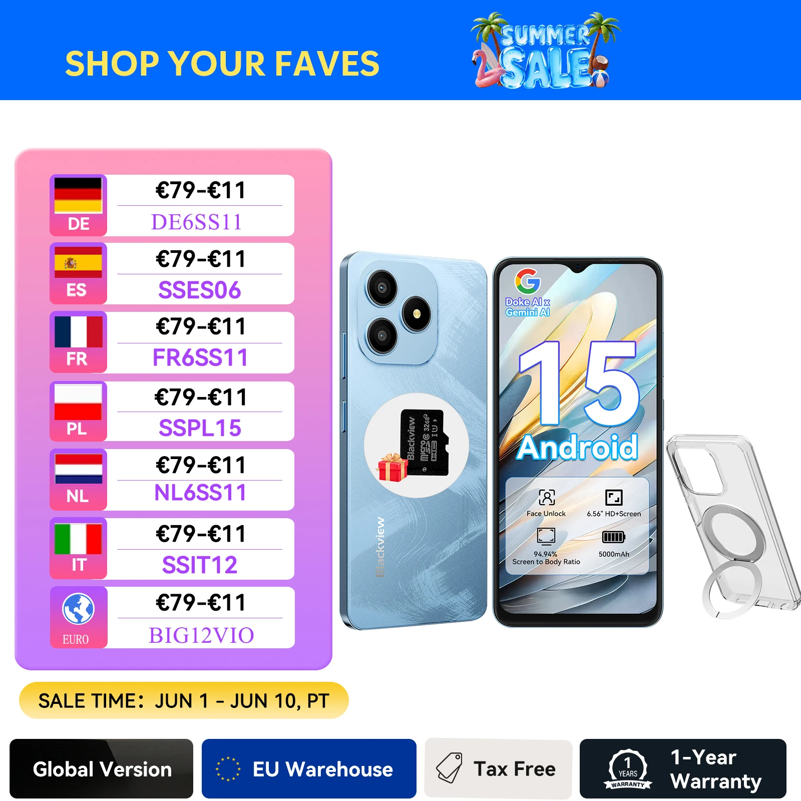 Blackview Wave 9C Smartphone, Android 15 Cell Phone, 6.56" , 4GB+64GB&4GB+128G,13MP+8MP,5000mAh Battery，Fingerprint/Face ID