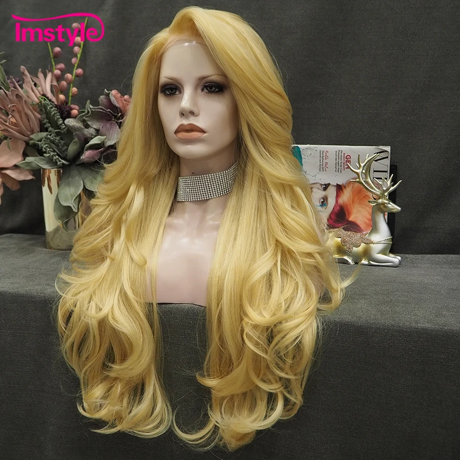 Imstyle-peruca dianteira sintética loira ondulada longa para mulheres, fibra resistente ao calor, cabelo natural, perucas cosplay