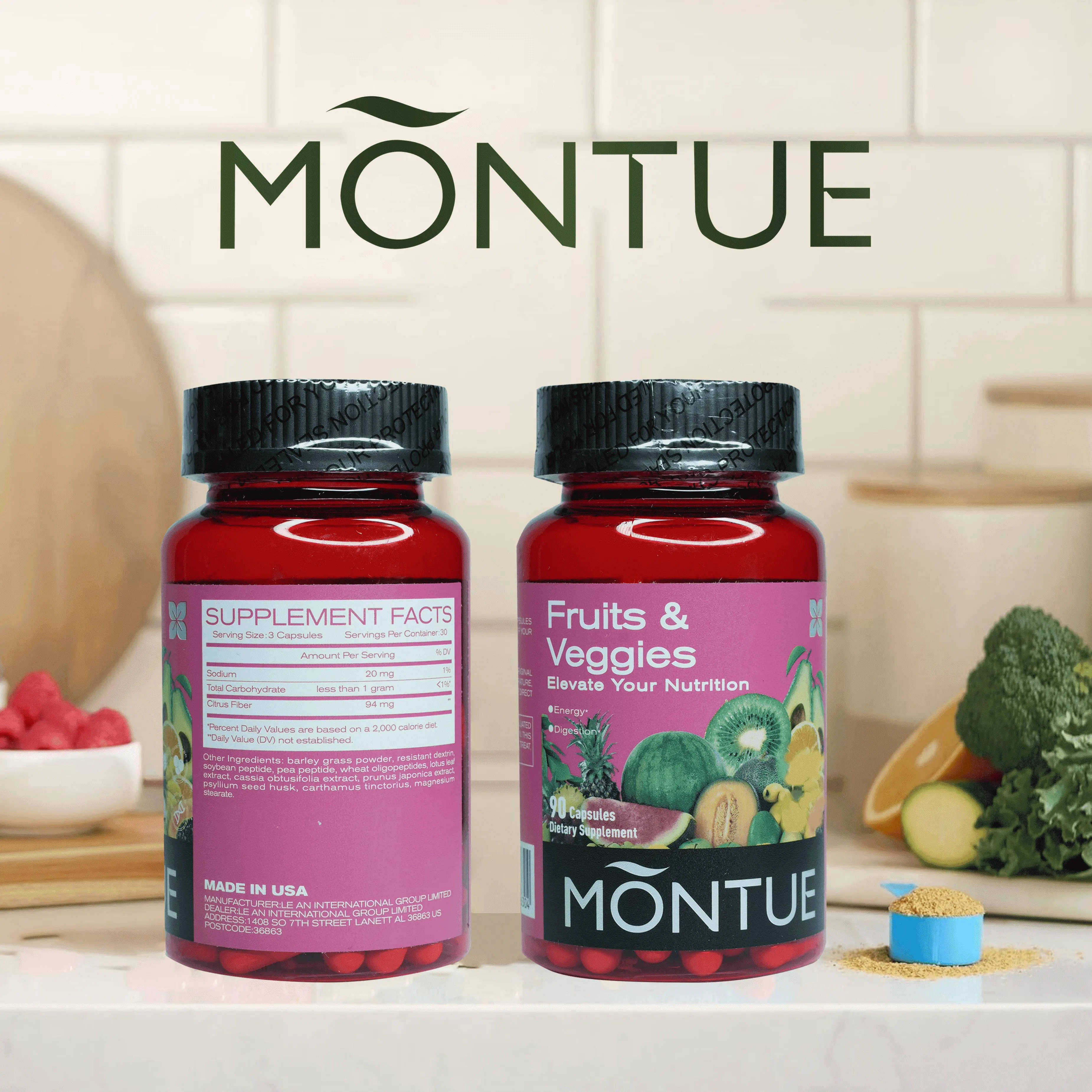 Montue Fruits and Veggies Supplement - 90 Fruit and 90 Veggie Capsules - Supports Energy Levels, Vitamins & Minerals -Made in Th