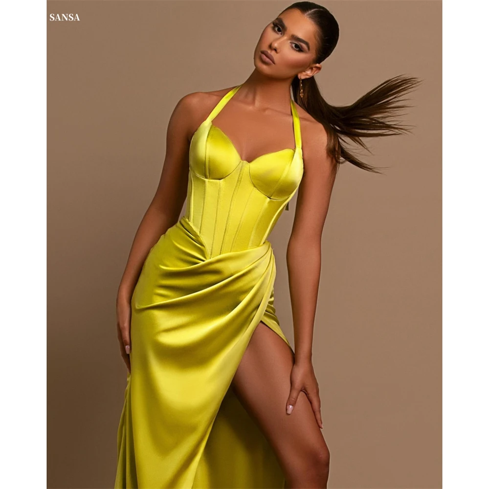 

Sansa Customized Yellow Trumpet Side Split Pleats Prom Dress Halter Neck Sleeveless Vestidos De Noche Floor-Length Formal Gown