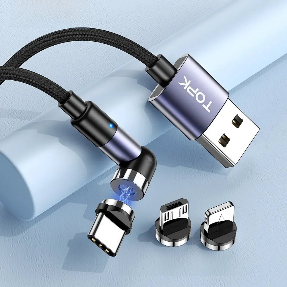 TOPK-Câble de charge magnétique 3 en 1, rotatif à 540 °, micro USB type C, connecteur à 90 degrés