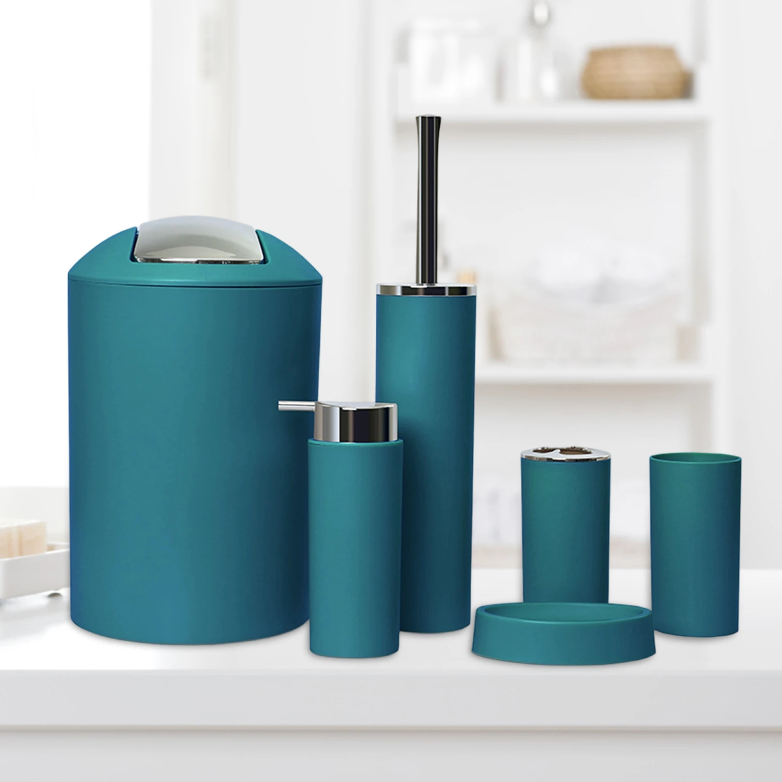 6Pcs Plastic Bathroom Accessories Set Bath Ensemble Soap Dish Trash Can Toilet Brush Necessities Brush Holder Trash Can Set