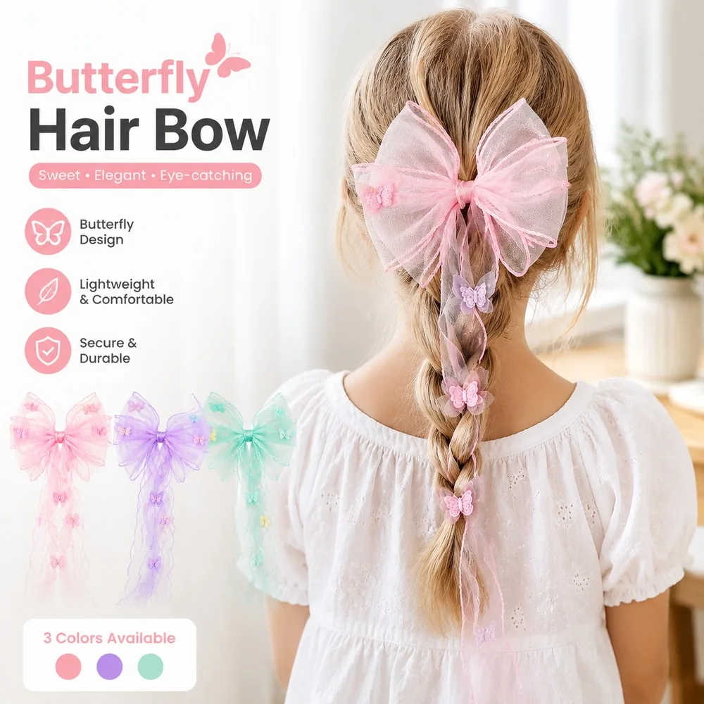 Girls Butterfly Hair Bow Ribbon Clip Cute Organza Bowknot Hair Accessory Kids Princess Braid Decoration Sweet Gift