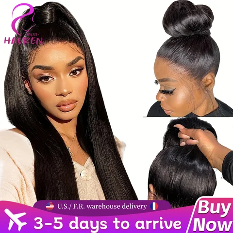 Havren 40 Inch Bone Straight Hd Lace Frontal Wig 13x6 360 Lace Wig Invisible Drawstring Pre-Plucked Natural Black Wig Brazilian