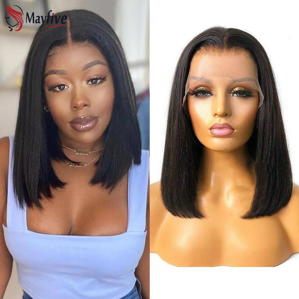 Perruque Bob Lace Front Wig Remy Naturelle Lisse, Cheveux Courts, 4x4, 13x4, pour Femme Africaine