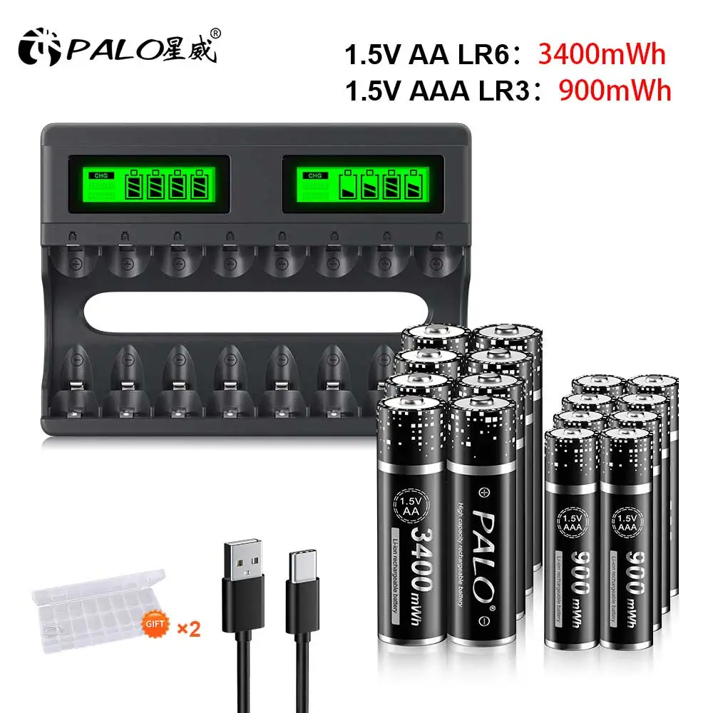 

PALO AA AAA 1.5V Lithium Rechargeable Battery 3400mWh Li-ion AA Battery AAA Rechargeable Batteries 900mWh with LCD Smart Charger