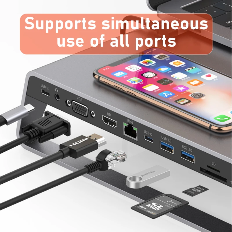 Desk HUB USB-C Docking station Pengisian Induktif Nirkabel untuk Aksesori Laptop Samsung Apple iPhone MacBook Pro Air Mac iMac