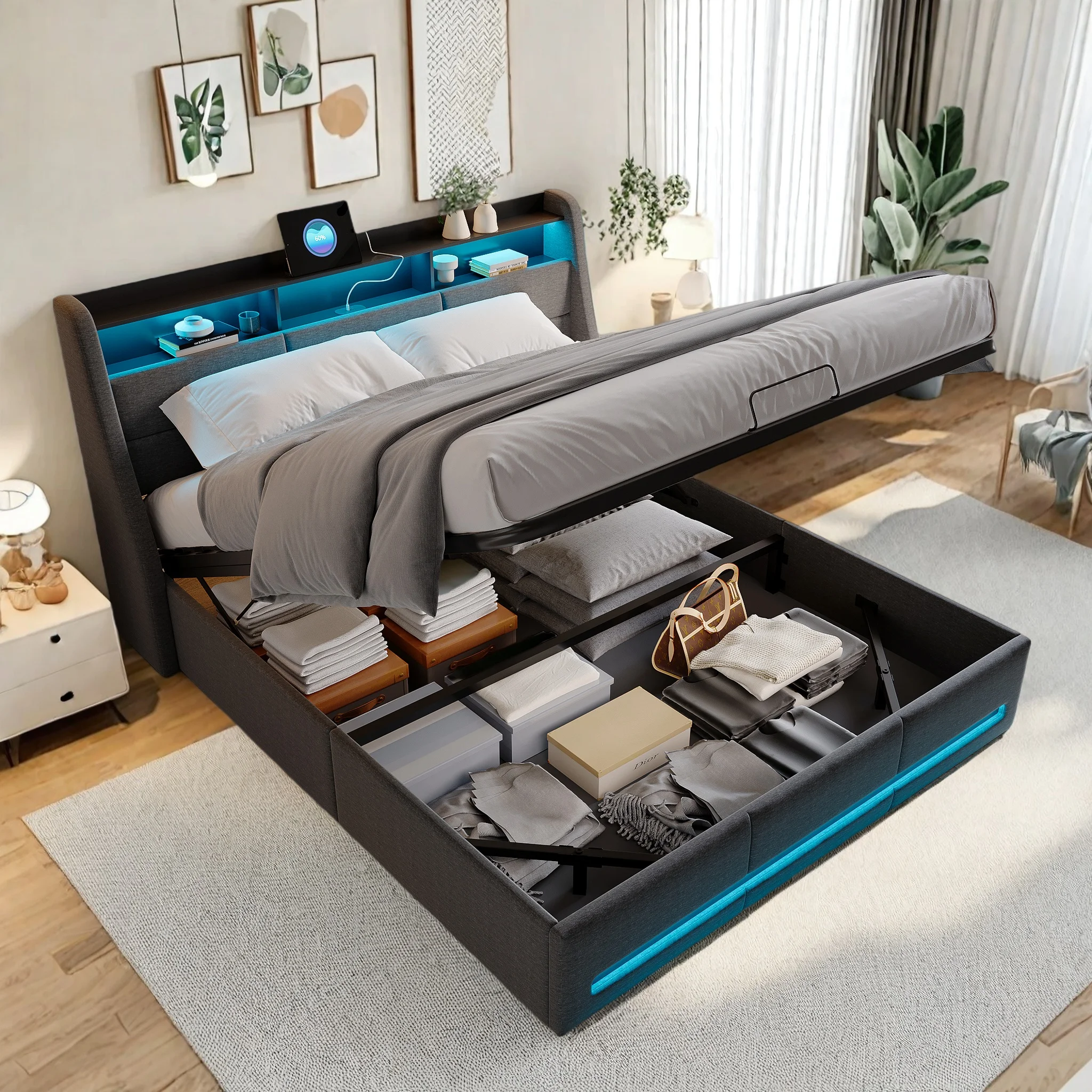 Lit rembourré 140x200 cm, lit double LED avec rangement et sommier à lattes, tête de lit avec compartiment de rangement et port