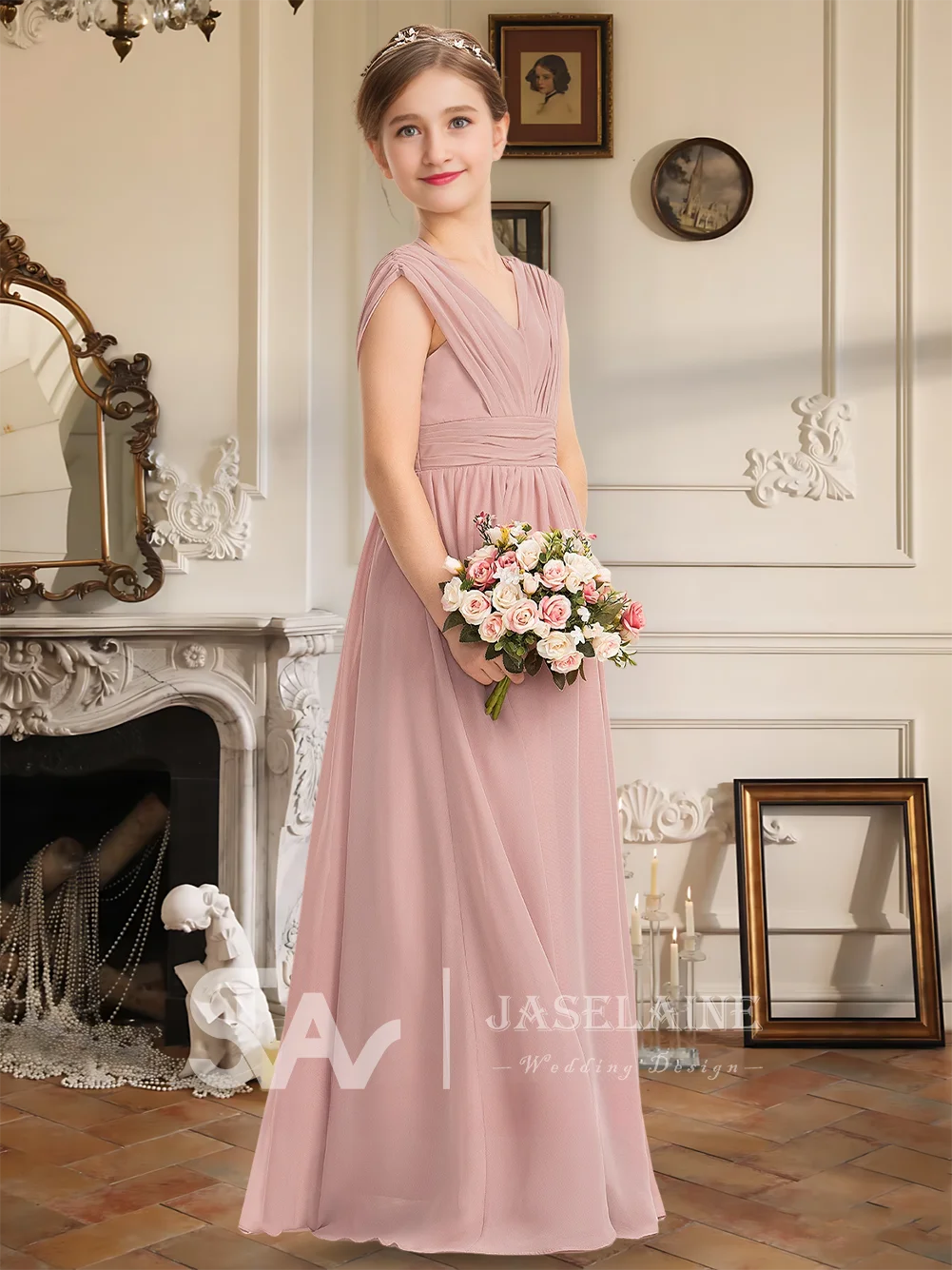 B Kids Dusty Rose A-Line V-Neck Floor-Length Chiffon Bow Junior Bridesmaid Dress Flower Girl Dress Wedding Party Girls Formal