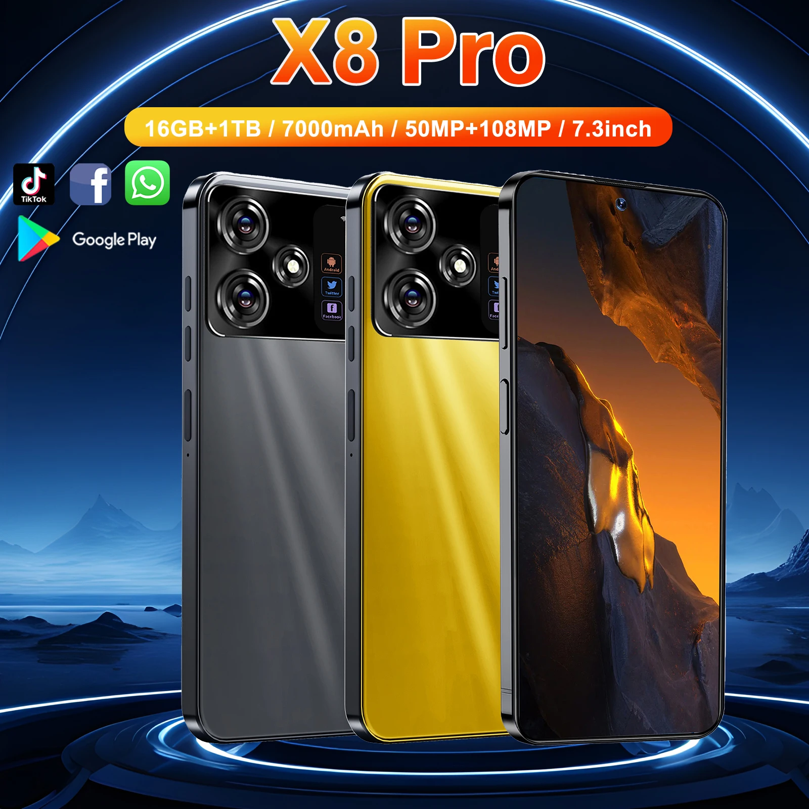 Nouvelle version mondiale X8 Pro 5G smartphone 16GB RAM + 1TB Snapdragon 8 Gen3 7000mAh 50MP + 108MP double carte SIM téléphone Android 14