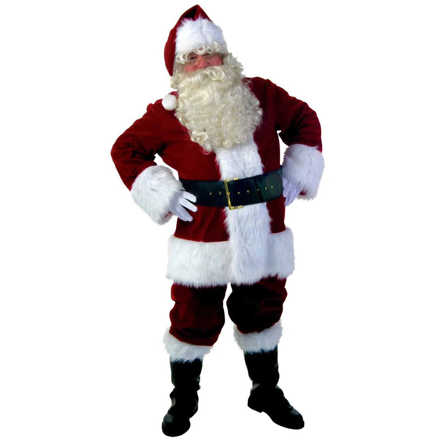 Traje vermelho do Papai Noel do veludo para homens, Natal, ternos do Natal, chapéu, barba, golves, festa, cosplay, vestido extravagante, 9pcs